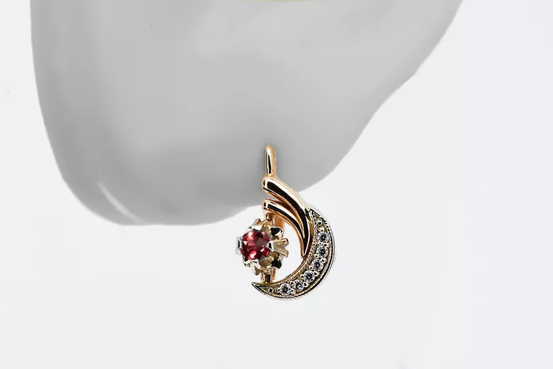 Russian 14K Rose White Gold Ruby diamonds earrings Russian Soviet Vintage style ved093rw-rb
