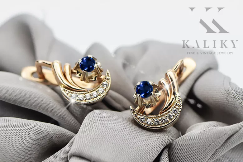Russian 14K Rose White Gold Sapphire diamonds earrings Russian Soviet Vintage style ved093rw-sp