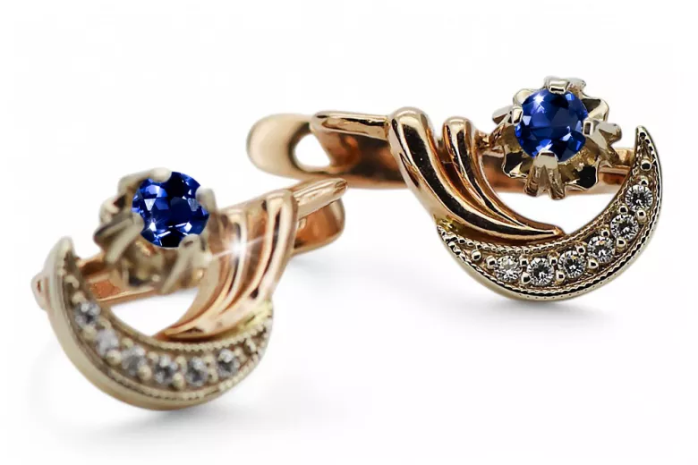 Russian 14K Rose White Gold Sapphire diamonds earrings Russian Soviet Vintage style ved093rw-sp