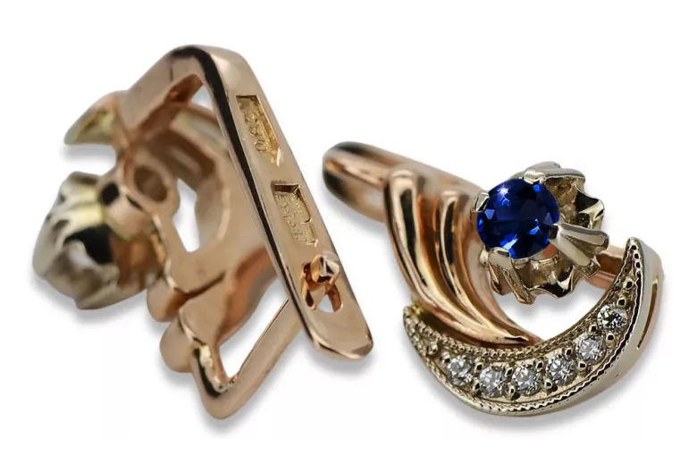 Russian 14K Rose White Gold Sapphire diamonds earrings Russian Soviet Vintage style ved093rw-sp