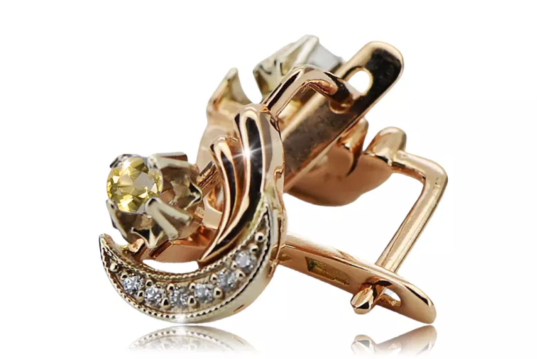 Russian 14K Rose White Gold Peridot diamonds earrings Russian Soviet Vintage style ved093rw-yp