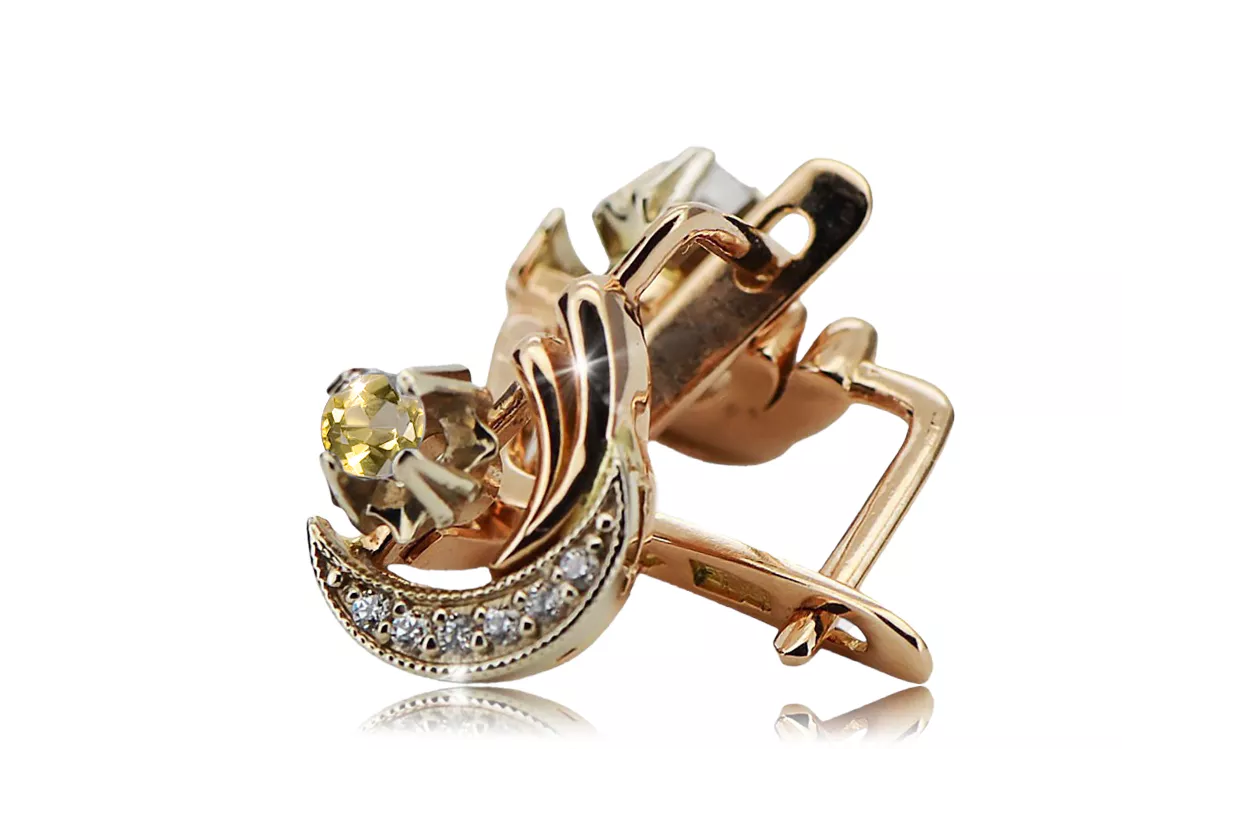 Russian 14K Rose White Gold Peridot diamonds earrings Russian Soviet Vintage style ved093rw-yp