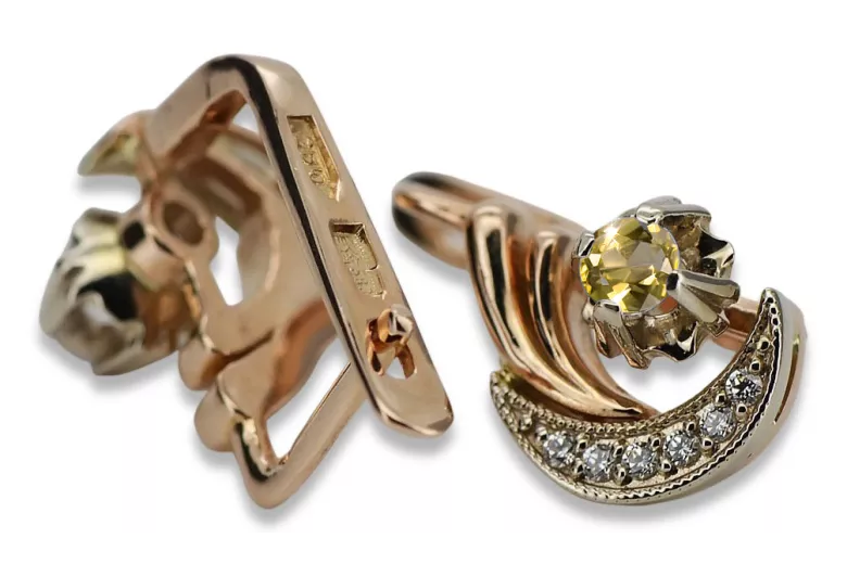 Russian 14K Rose White Gold Peridot diamonds earrings Russian Soviet Vintage style ved093rw-yp