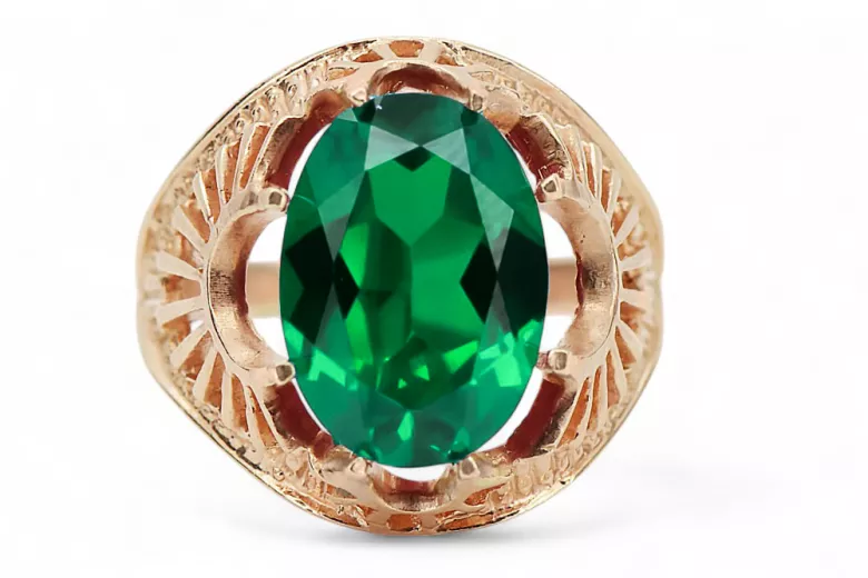 Anneau Émeraude Or rose 14 carats vintage d'origine Artisanat vintage vrc003r