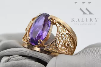 Rusiškas sovietinis rožinio 14 karatų 585 aukso aleksandrito, rubino, smaragdo, safyro, cirkonio žiedas vrc014