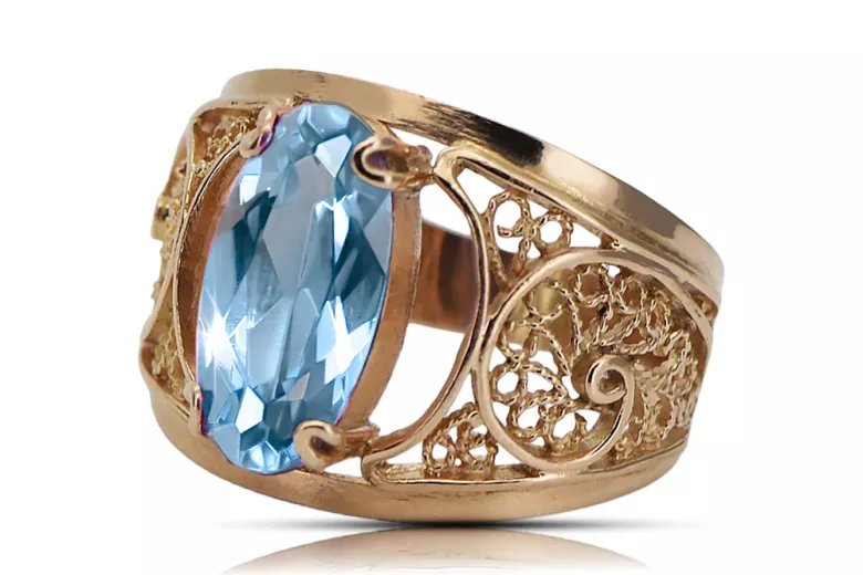 Originalus 14k rožinio aukso vintage Akvamarinas Žiedas Vintage vrc057r