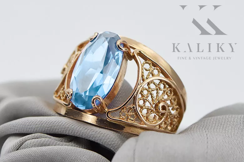 Originalus 14k rožinio aukso vintage Akvamarinas Žiedas Vintage vrc057r