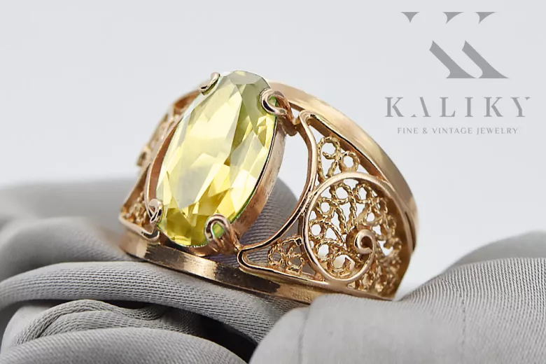 Originalus 14k rožinio aukso vintage Geltonasis peridotas Žiedas Vintažiniai amatai vrc057r