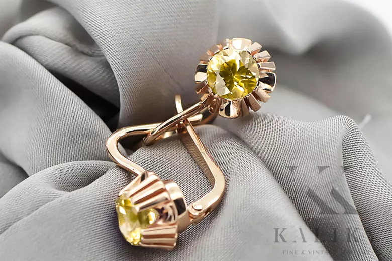 Pendientes Joyería vintage Peridoto amarillo Oro rosa antiguo original de 14k vec027r