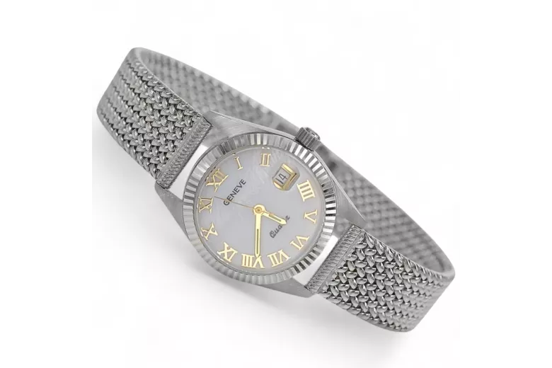 Reloj de señora de oro blanco 14K, esfera de perla, cuarzo italiano