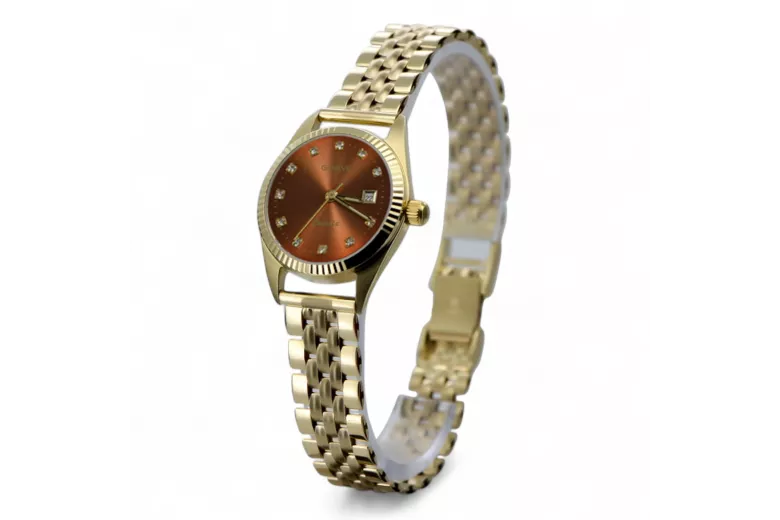 Montre Femme en Or 14K, Cadran Marron, Design Italien