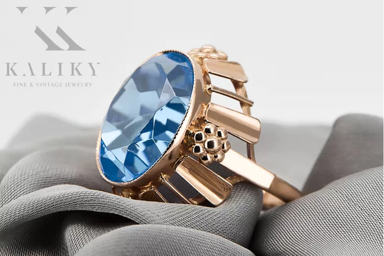Pierścionek Akwamaryn Oryginalny wyrób Vintage 14k z różowego złota Vintage Biżuteria vrc043r