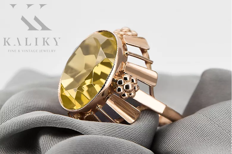 Styl Vintage Pierścionek Żółty Perydot Oryginalny wyrób Vintage 14k z różowego złota vrc043r