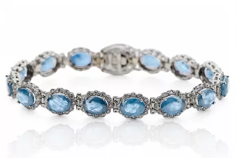 Blanco 14k Oro Aquamarine y Zircons Pulsera Tenis TBC001W
