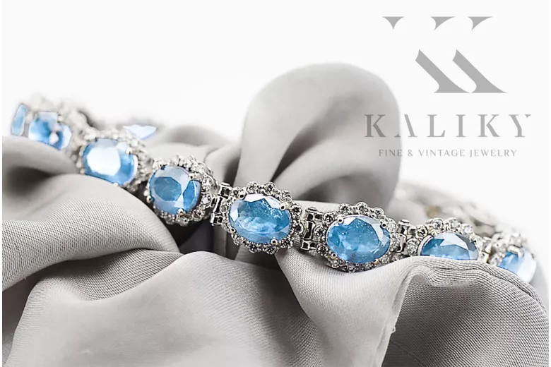 White 14k gold aquamarine and zircons tennis bracelet tbc001w