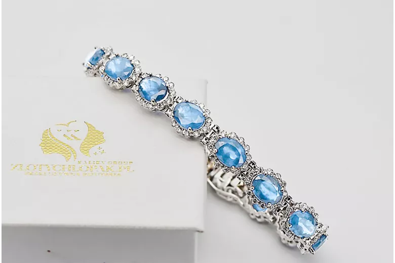 White 14k gold aquamarine and zircons tennis bracelet tbc001w