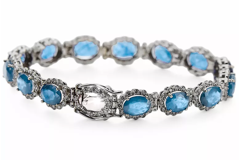 White 14k gold aquamarine and zircons tennis bracelet tbc001w