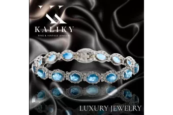 Blanco 14k Oro Aquamarine y Zircons Pulsera Tenis TBC001W