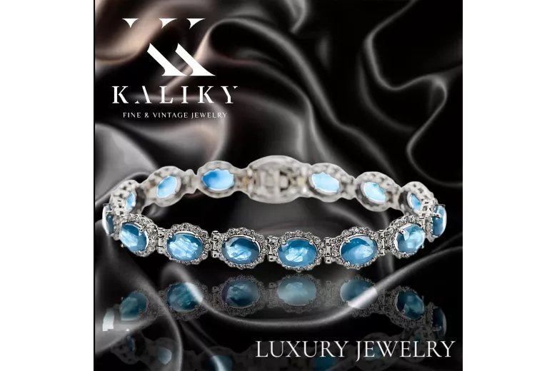White 14k gold aquamarine and zircons tennis bracelet tbc001w