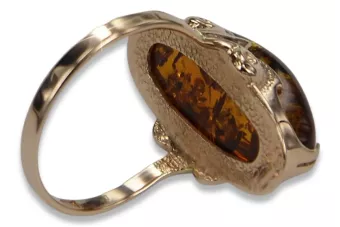 Sovětský 14k 585 Zlatý ruský prsten s růžovým zlatem s Amber Vrab010