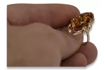 Sovětský 14k 585 Zlatý ruský prsten s růžovým zlatem s Amber Vrab010