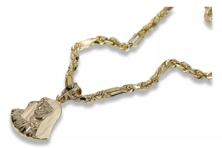 Mother of God medallion & Corda Figaro 14k gold chain pm004y14&cc004y50