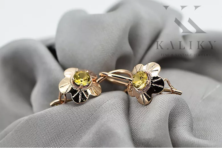 Estilo vintage Pendientes Peridoto amarillo Oro rosa antiguo original de 14k vec028r