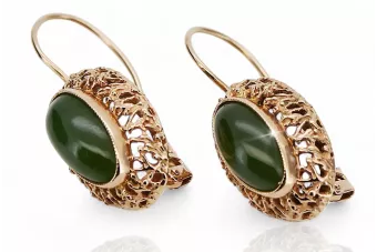14k 585 gold earrings with green nephrite stone veos001r Russian Soviet Vintage style