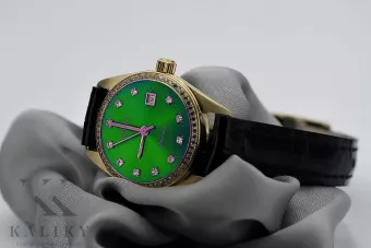 Złoty zegarek damski 14k Geneve lw078ydgrz z zieloną tarczą