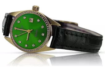 لون أصفر 14k ذهبي سيدة جنيف ووتش الأخضر الاتصال الهاتفي LW078YDGRZ