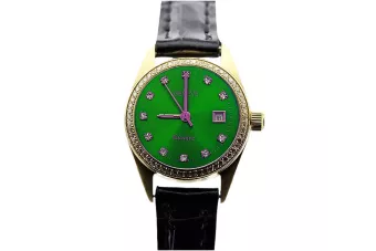 Złoty zegarek damski 14k Geneve lw078ydgrz z zieloną tarczą