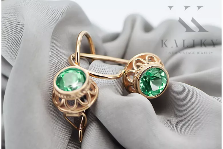 Rose pink 14k 585 gold emerald earrings vec117r Vintage Russian Soviet style