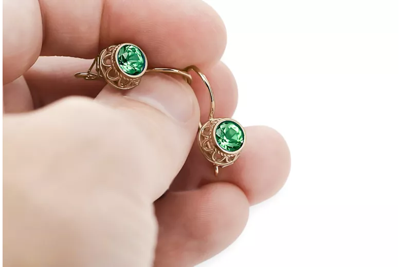 Rose pink 14k 585 gold emerald earrings vec117r Vintage Russian Soviet style