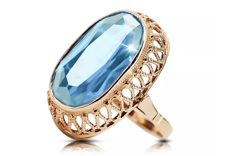Žiedas Vintažiniai amatai Akvamarinas Originalus 14k rožinio aukso vintage vrc129r