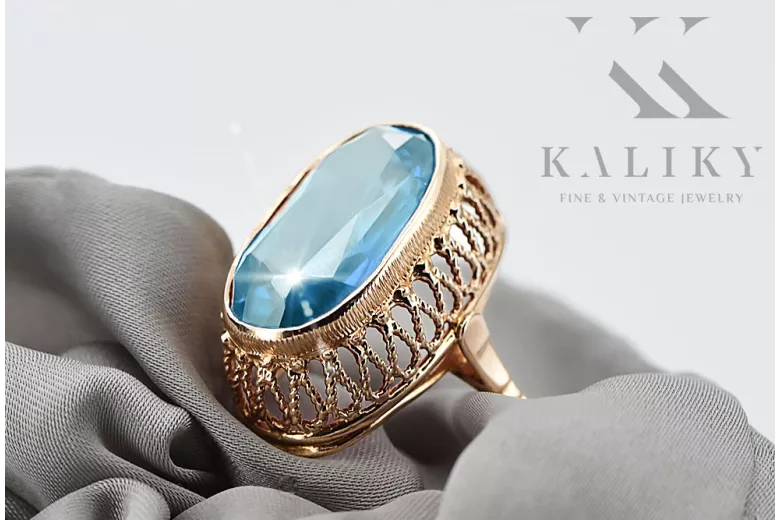 Žiedas Vintažiniai amatai Akvamarinas Originalus 14k rožinio aukso vintage vrc129r