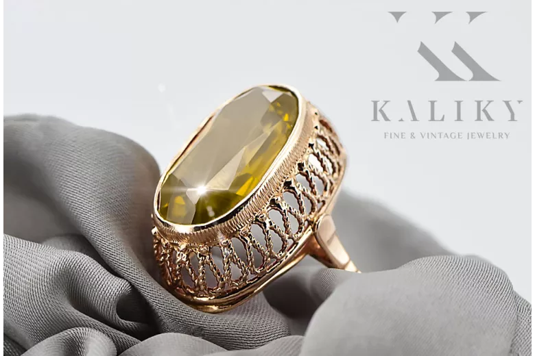 Anillo Peridoto amarillo Oro rosa antiguo original de 14k Vintage vrc129r