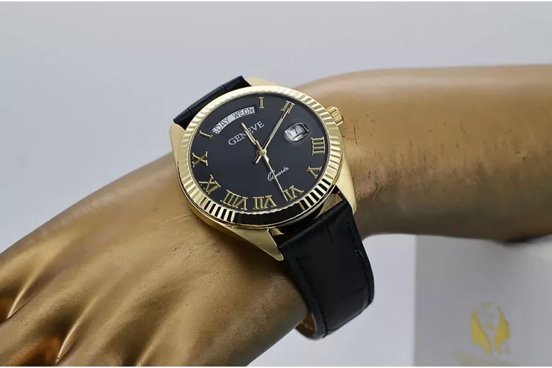 Žltá 14k 585 Gold Pánske Geneve Black Dial Sledujte MW008YDBCC & MBA012YO