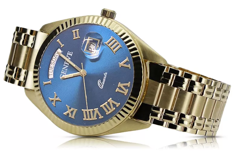 Złoty zegarek męski 14k 585 Geneve mw008ydbll&mba006yo niebieska tarcza