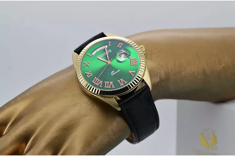 Złoty zegarek męski 14k 585 Geneve mw008ydgrr&mbw006yo zielona tarcza