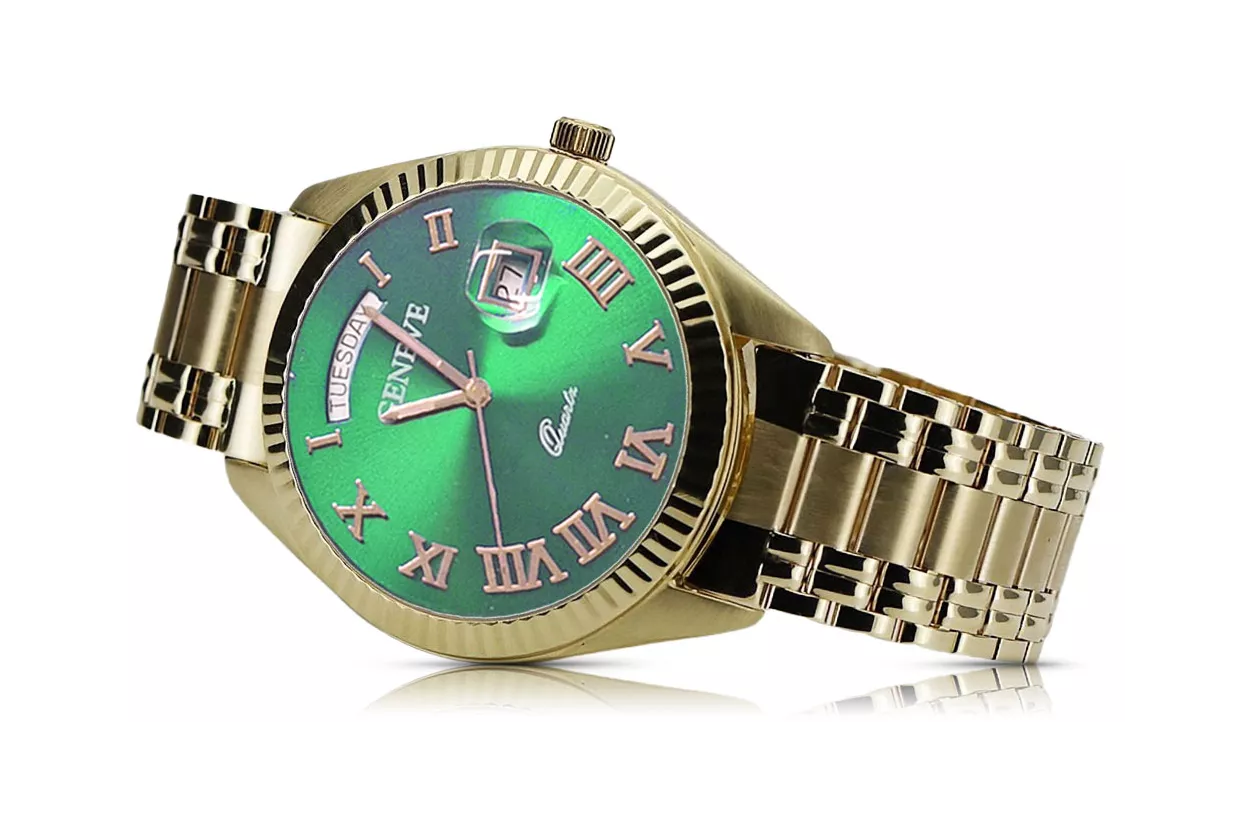 Złoty zegarek męski 14k 585 Geneve mw008ydgrr&mba012yo zielona tarcza