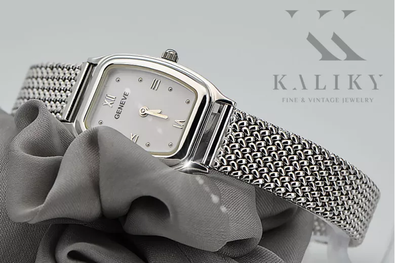 Zegarek z białego złoty damski z bransoletą owalny 14k Geneve lw042wdw&lbw003w