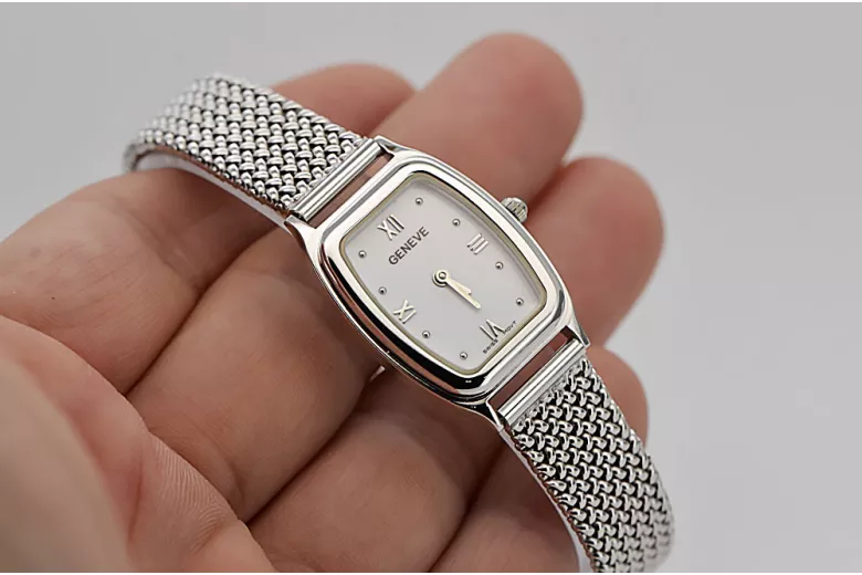 Zegarek z białego złoty damski z bransoletą owalny 14k Geneve lw042wdw&lbw003w