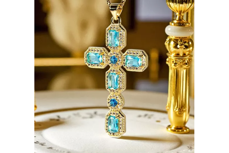 Zawieszka krzyż z kamieniami z żółtego czerwonego białego 14k złota wisiorek gal001y