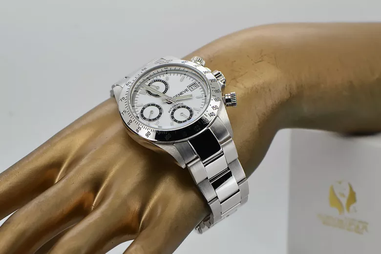 Zegarek mechaniczny męski z białego 14k złota Geneve mw041wdw&mbw017w