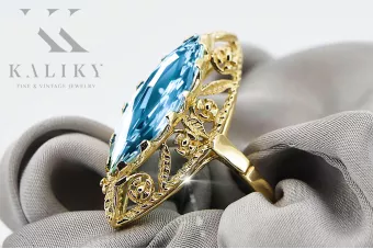 Oro amarillo de 14 quilates Aguamarina Anillo Artesanía vintage vrc005y