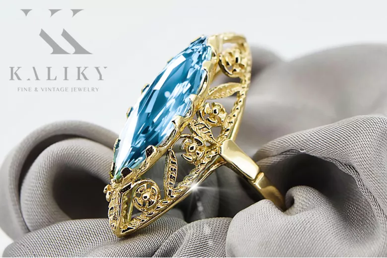 14K Жовте золото Аквамарин Каблучка Вінтаж вироби vrc005y