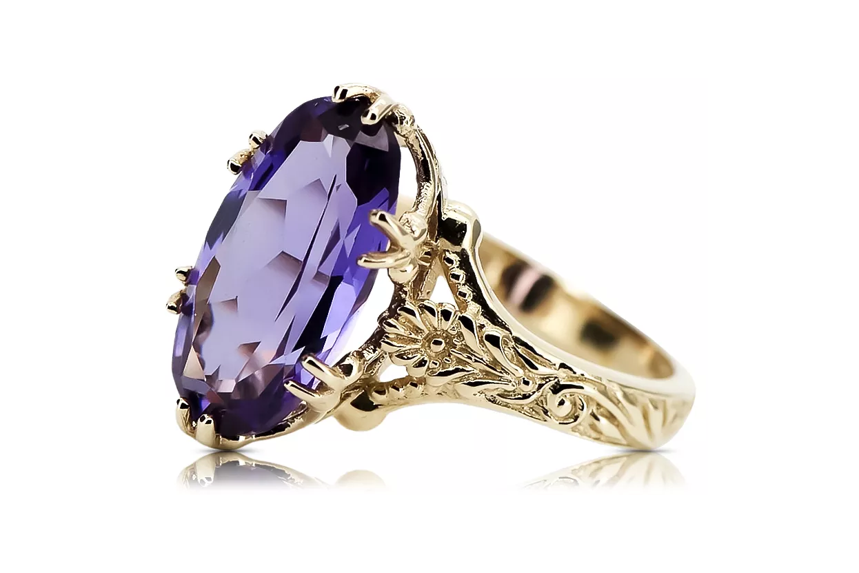 14K Yellow gold Alexandrite Ring vrc084y Vintage Art Deco Soviet era Russian jewelry style