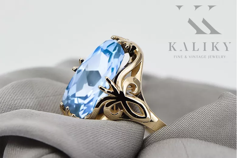 Винтидж крафт Пръстен Аквамарин 14K жълто злато vrc082y