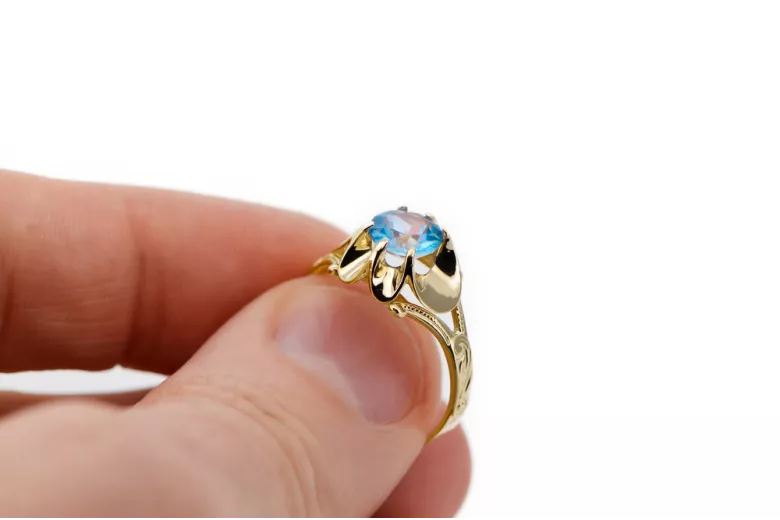 Or jaune 14 carats Aigue-marine Anneau Style vintage vrc377y