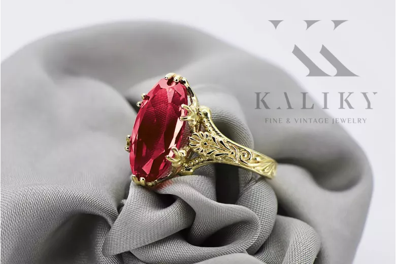 14k žlutá zlata rubínový prsten Vrc084y vintage art deco sovětské éry ruské šperky stylu